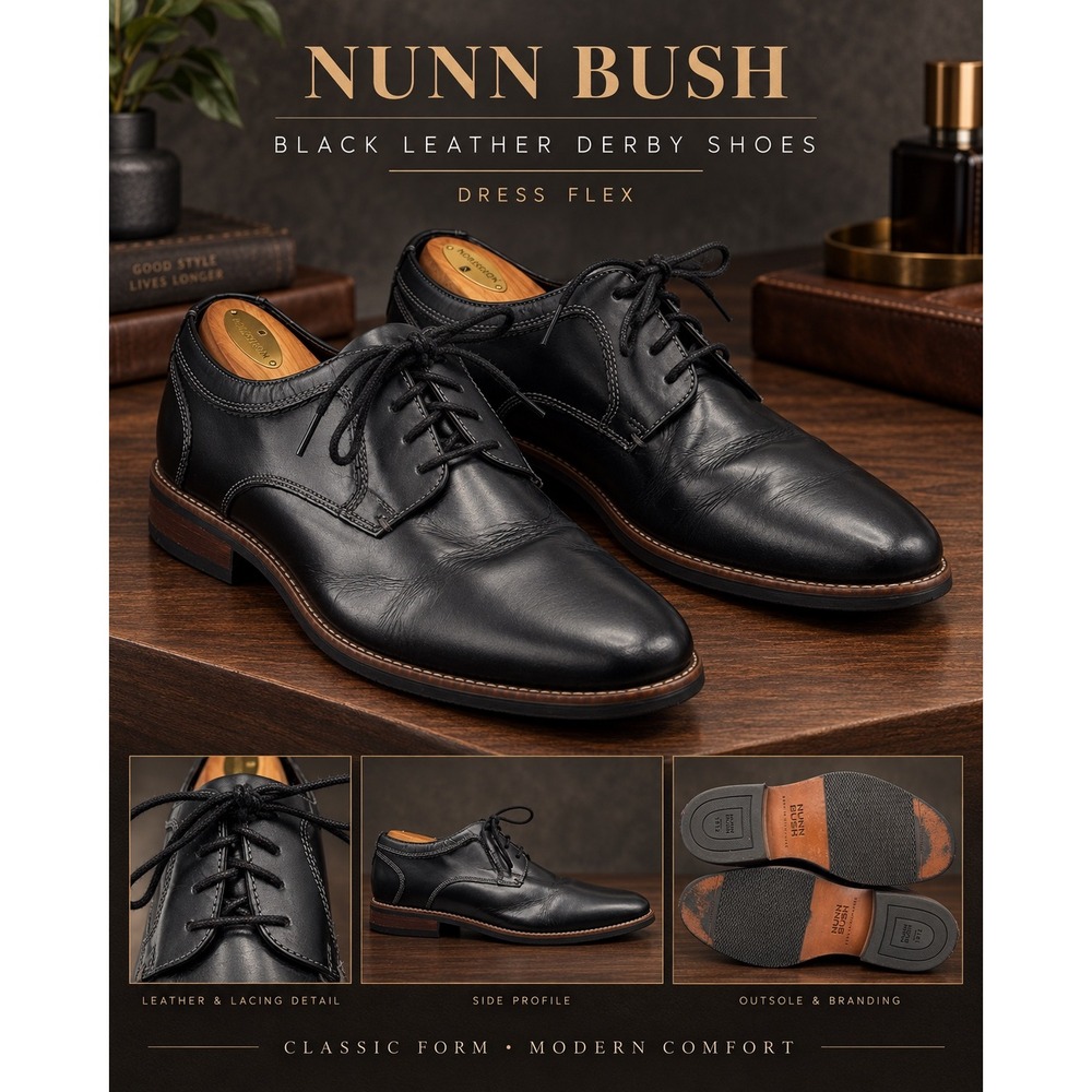 Nunn Bush Mens Black Leather Lace Up Plain Toe Derby Dress Shoes